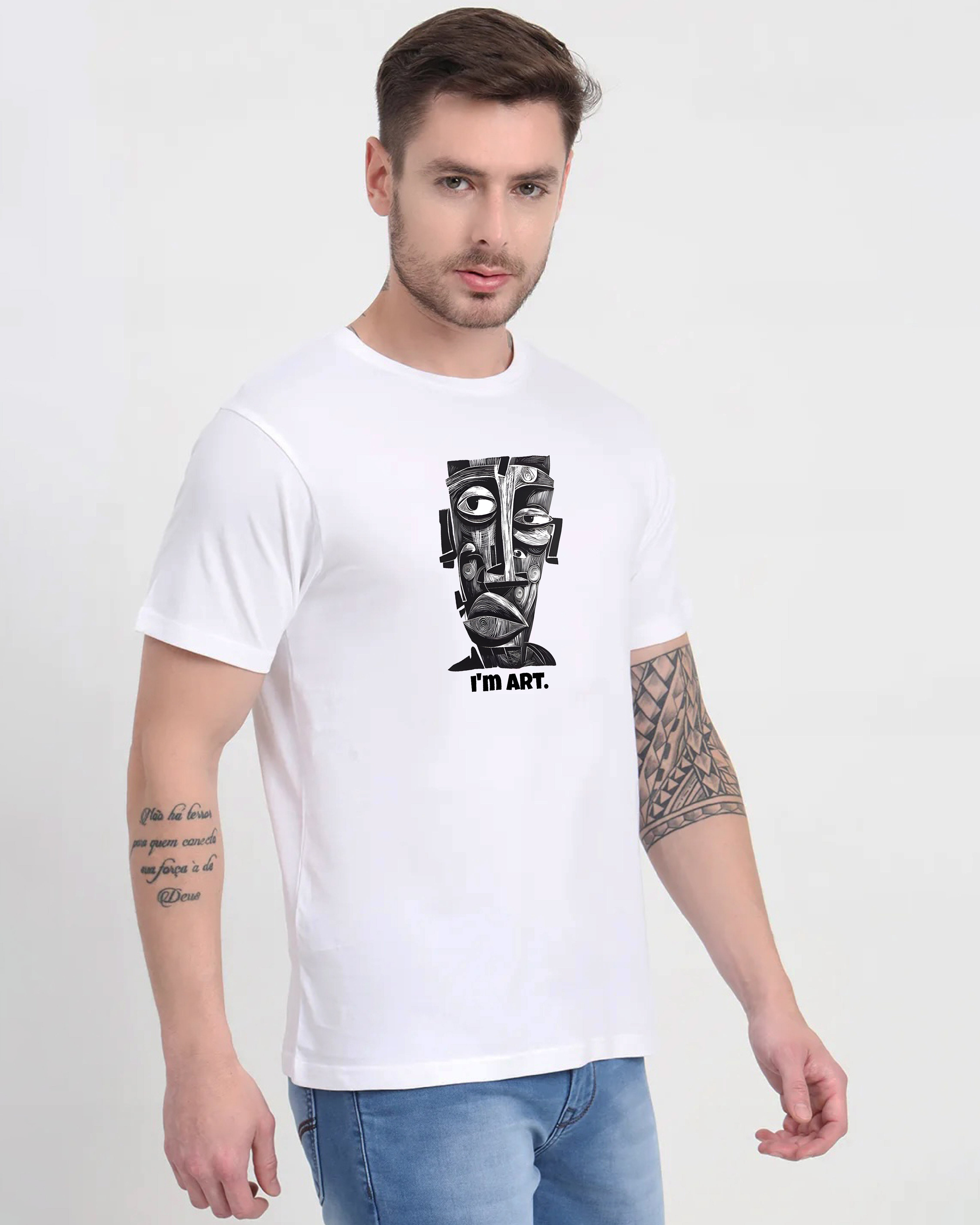 Man wearing a white t-shirt with a graphic design and text on a plain background