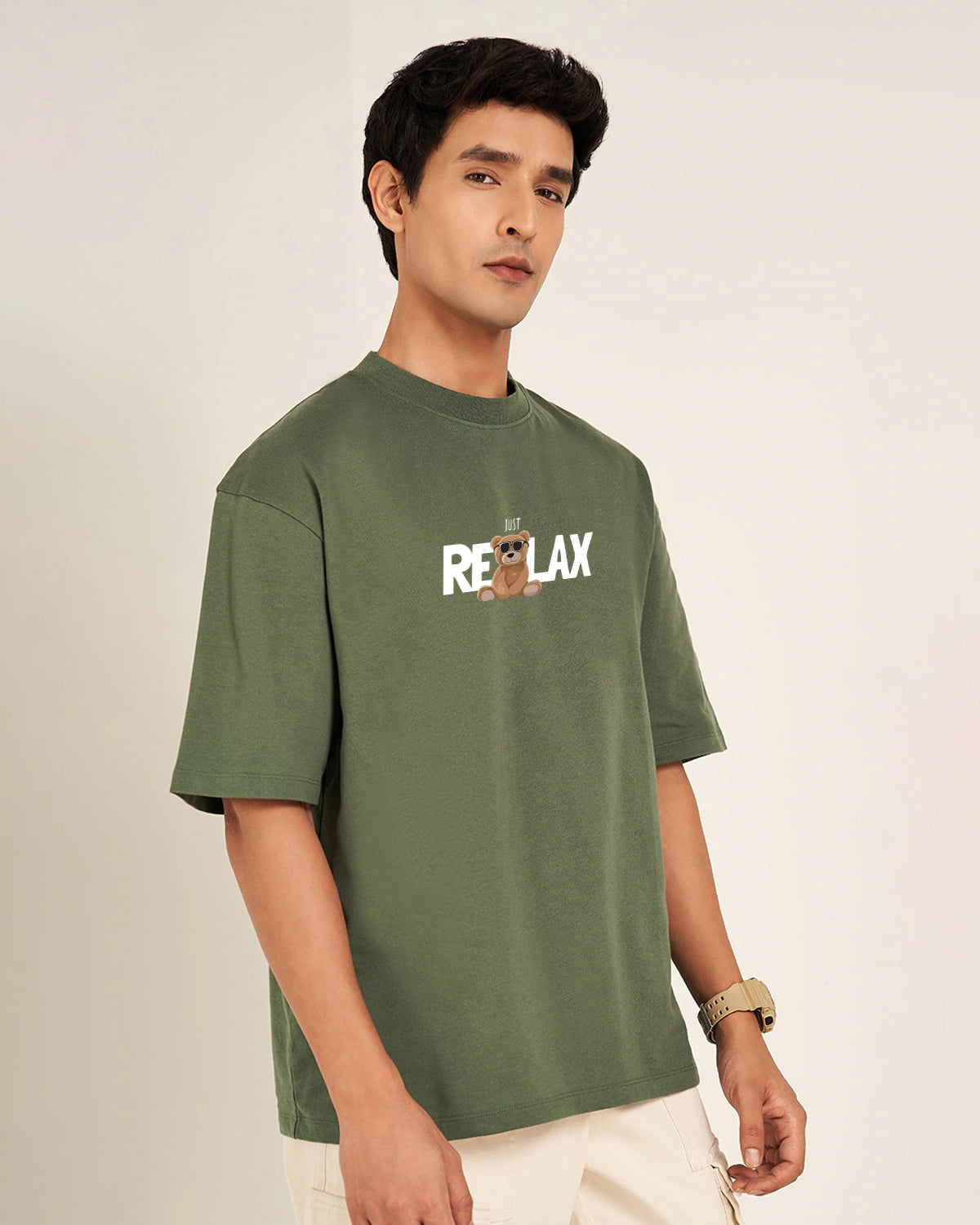 Just Relax Teddy Embroidery Green Oversized T-Shirt