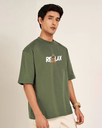 Just Relax Teddy Embroidery Green Oversized T-Shirt