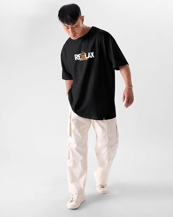 Just Relax Teddy Embroidery Black Oversized T-Shirt
