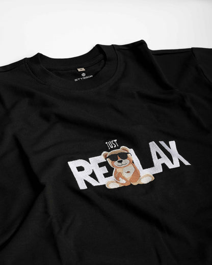 Just Relax Teddy Embroidery Black Oversized T-Shirt