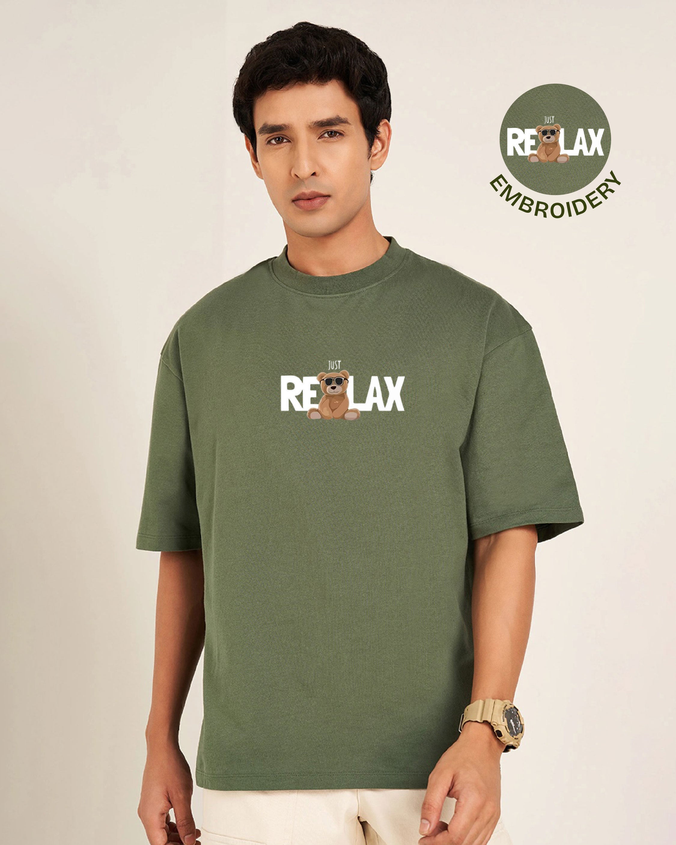 Just Relax Teddy Embroidery Green Oversized T-Shirt