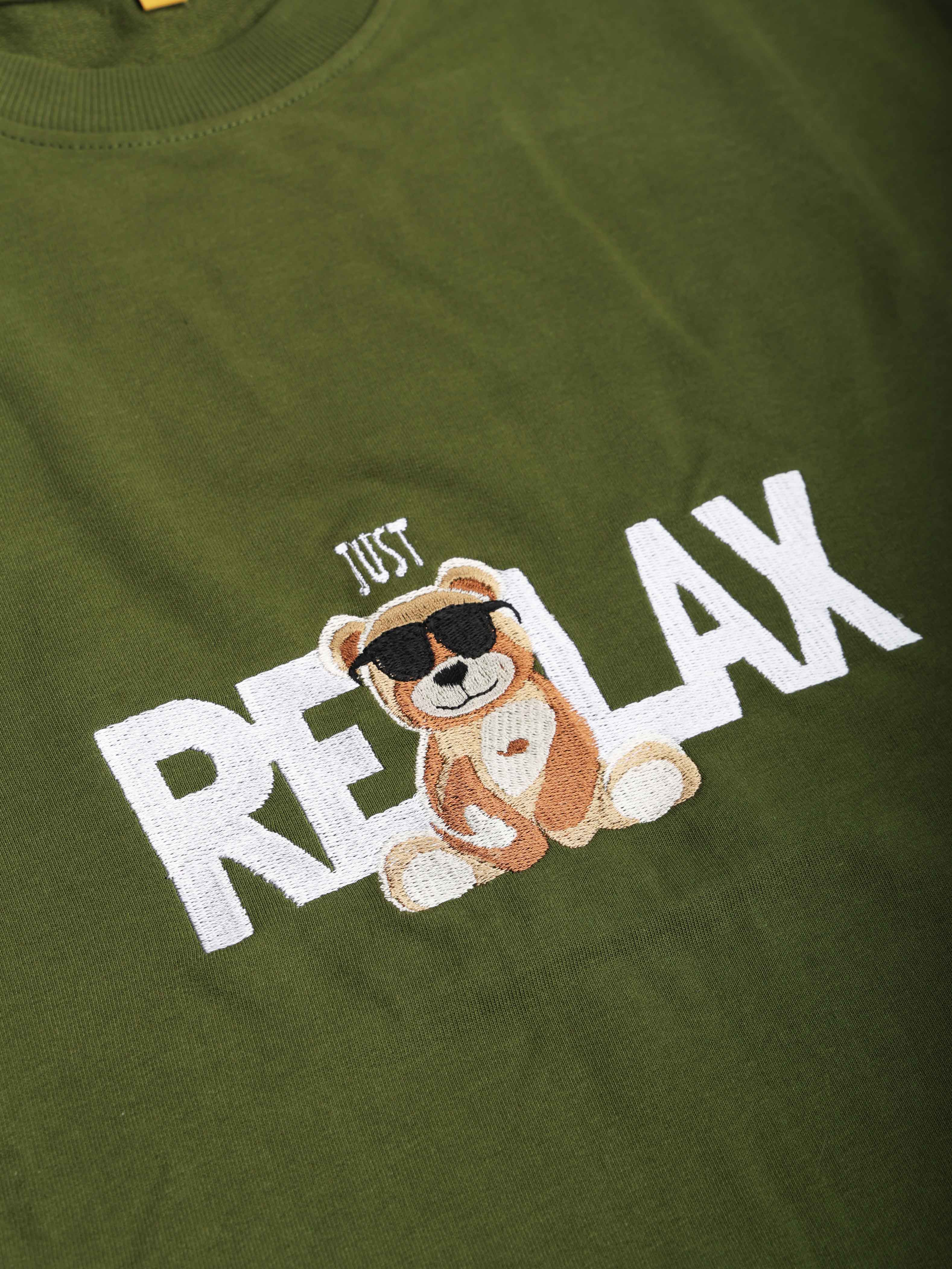 Just Relax Teddy Embroidery Green Oversized T-Shirt