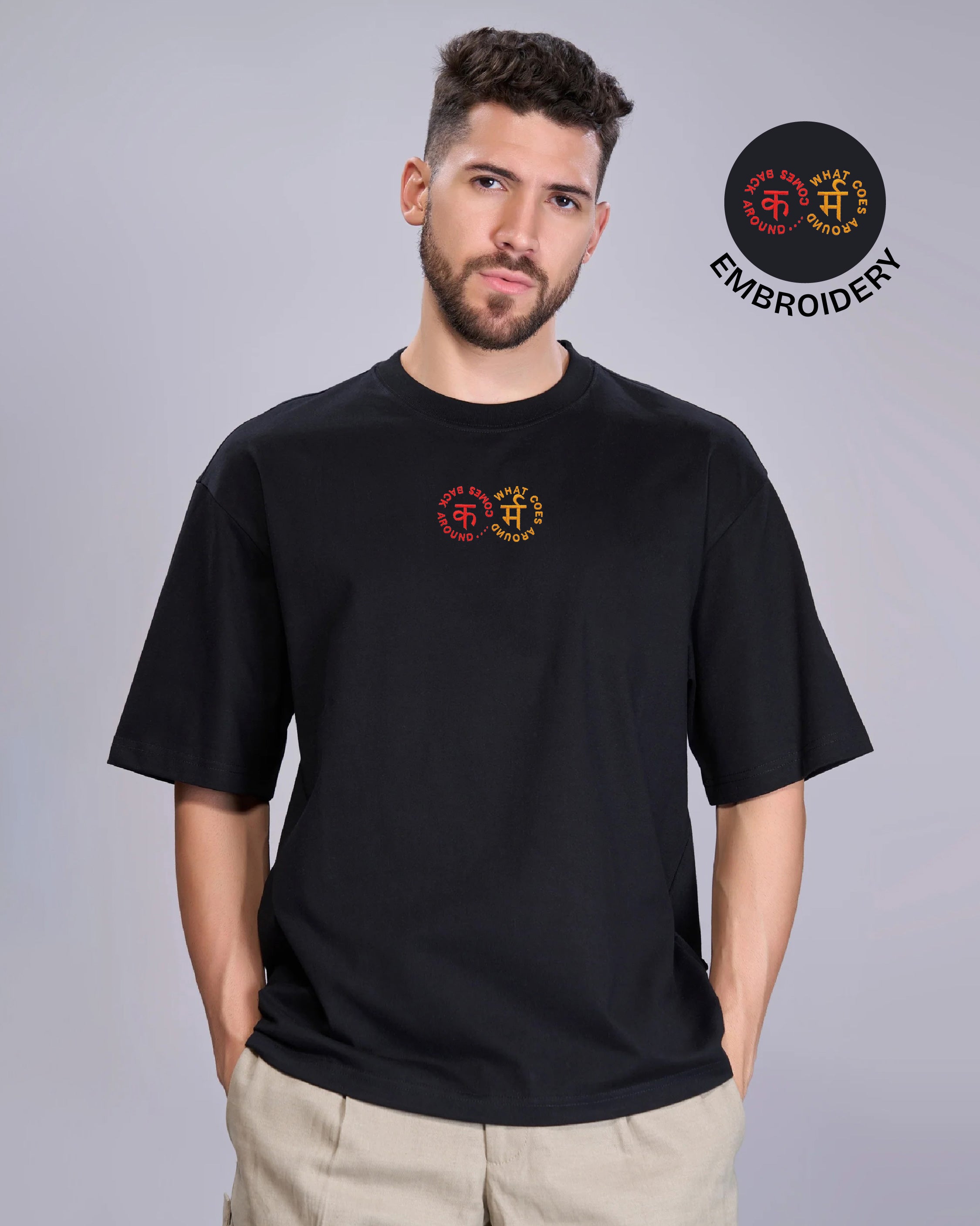 Karma Chakra Embroidery Black Oversized T-Shirt