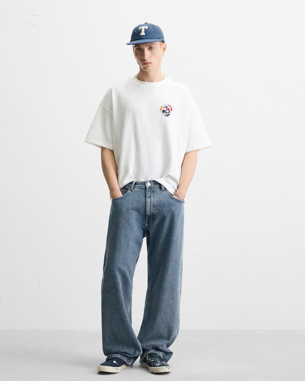 Koi Fish Embroidery White Oversized T-Shirt
