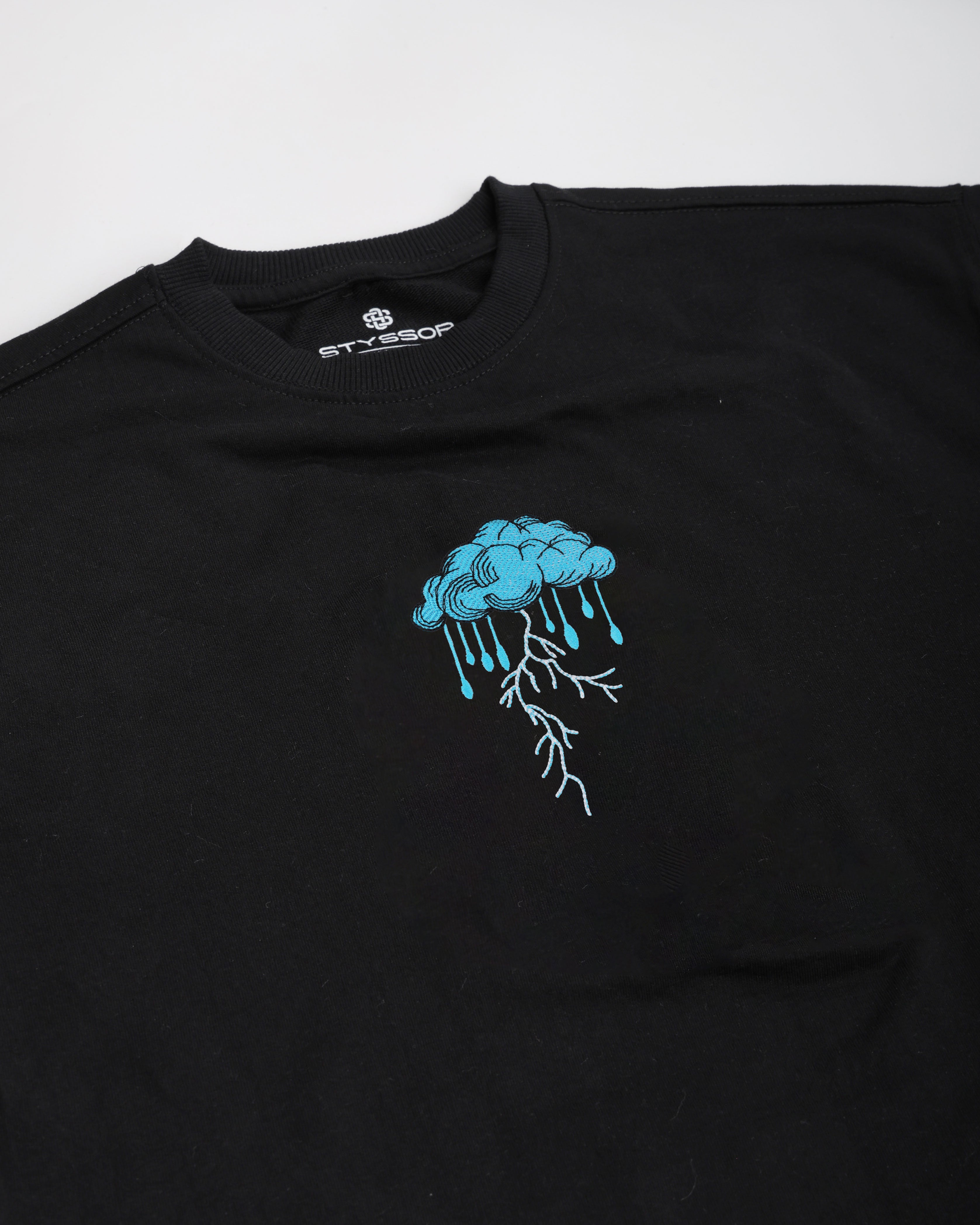 Lightning Cloud Embroidery Black Oversized T-Shirt