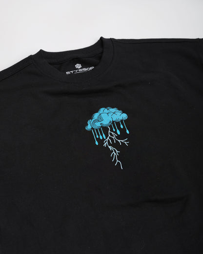 Lightning Cloud Embroidery Black Oversized T-Shirt