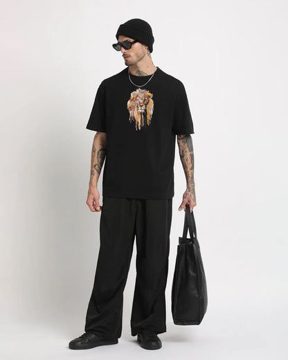 Lion Face Embroidery Black Oversized T-Shirt