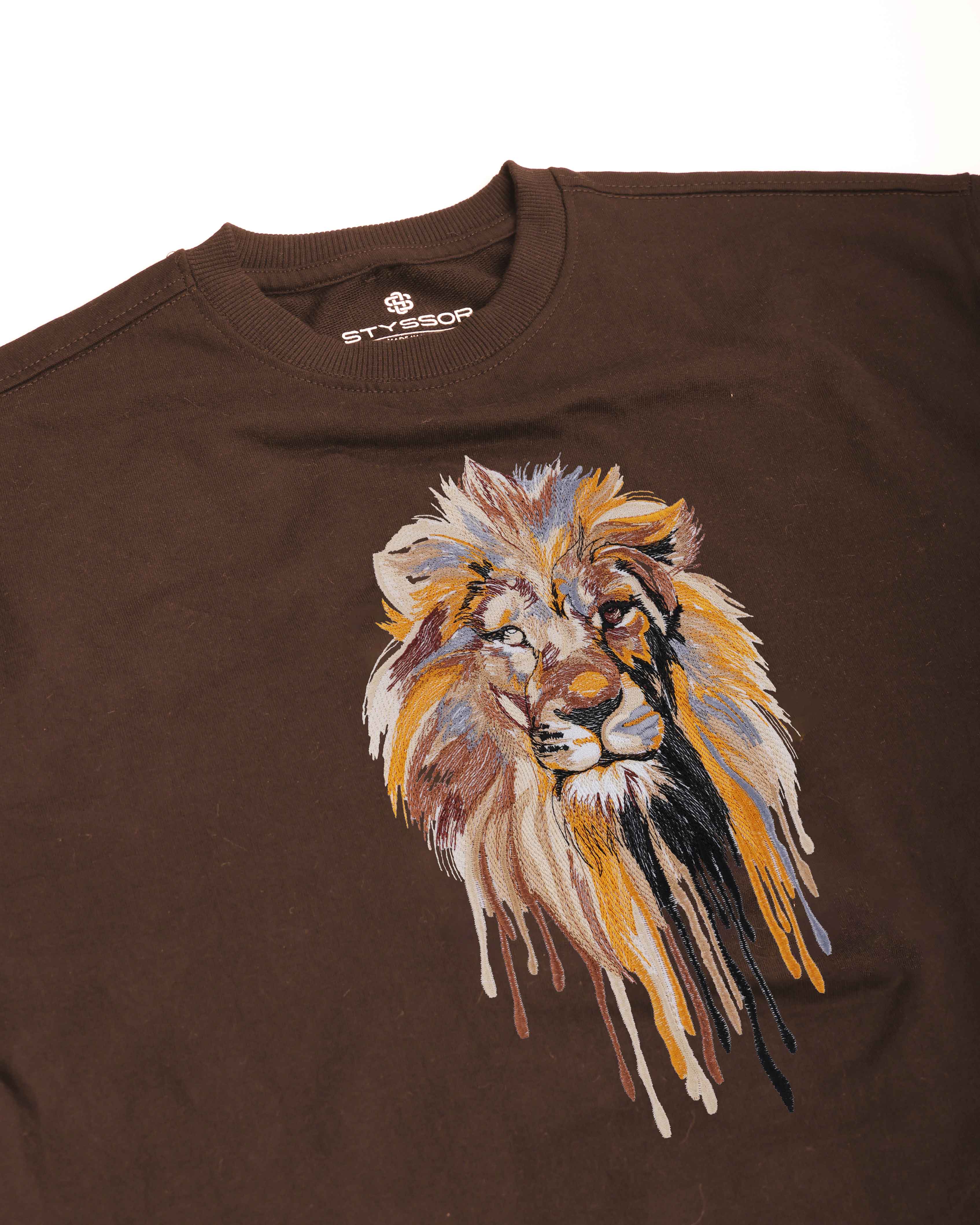Lion Face Embroidery Brown Oversized T-Shirt
