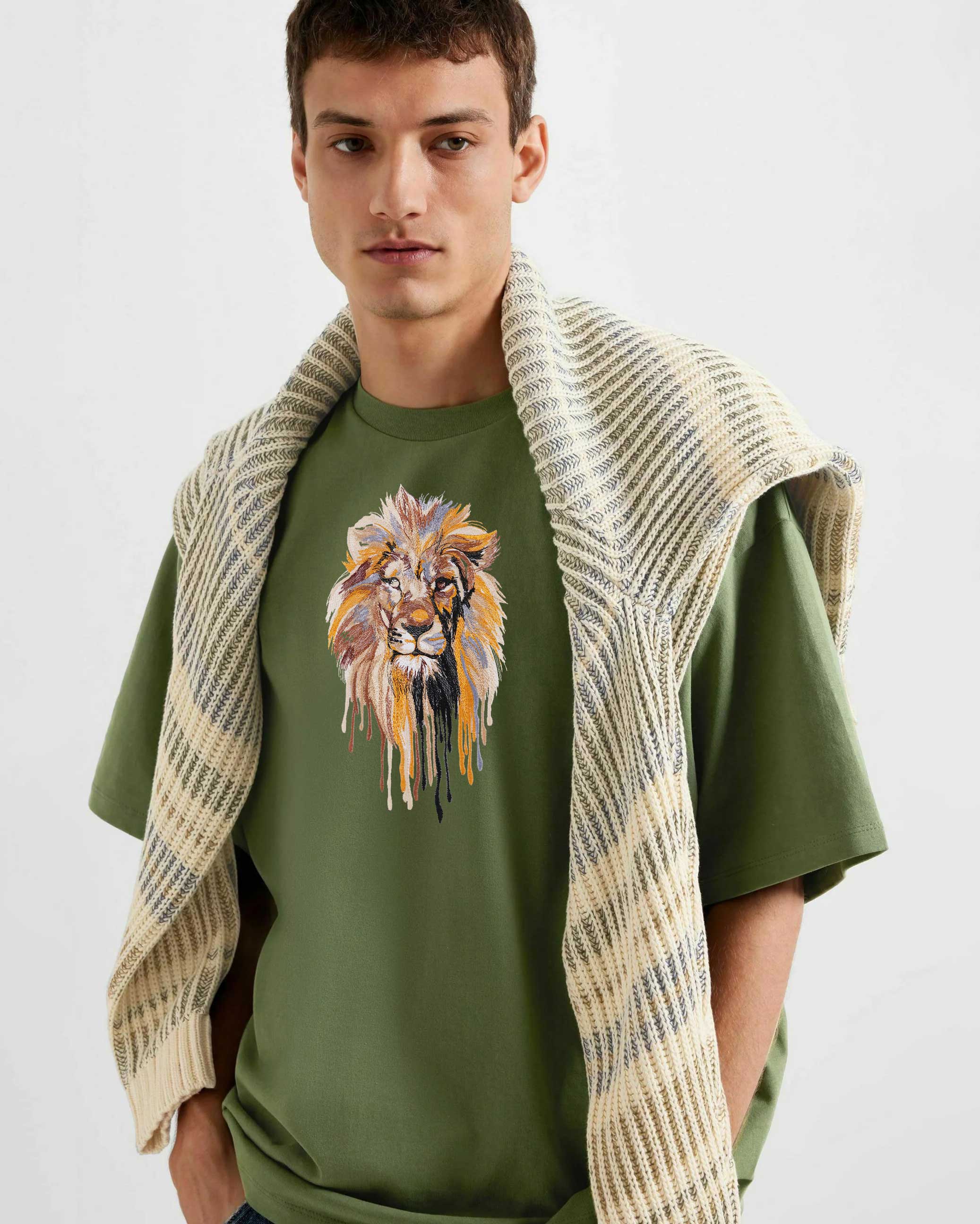 Lion Face Embroidery Green Oversized T-Shirt1