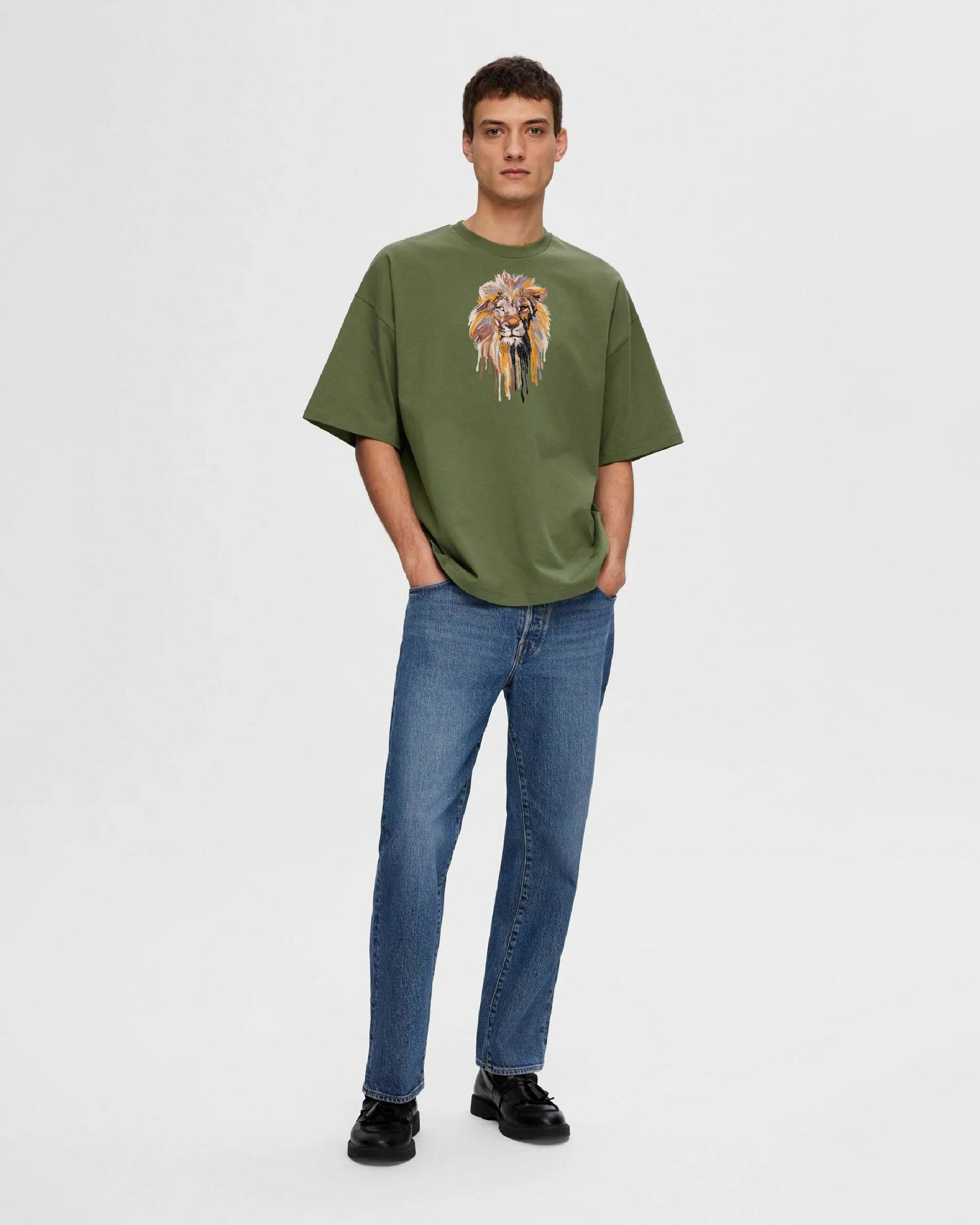 Lion Face Embroidery Green Oversized T-Shirt2