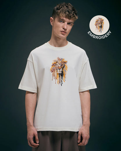 Lion Face Embroidery Off-White Oversized T-Shirt