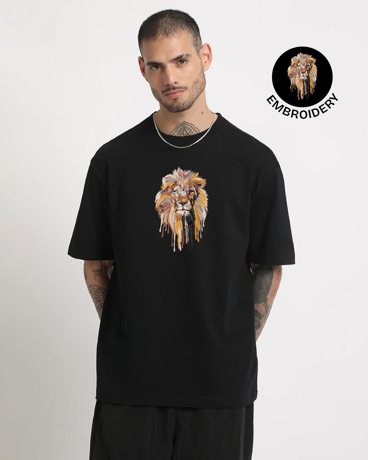 Lion Face Embroidery Black Oversized T-Shirt