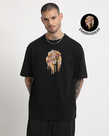 Lion Face Embroidery Black Oversized T-Shirt