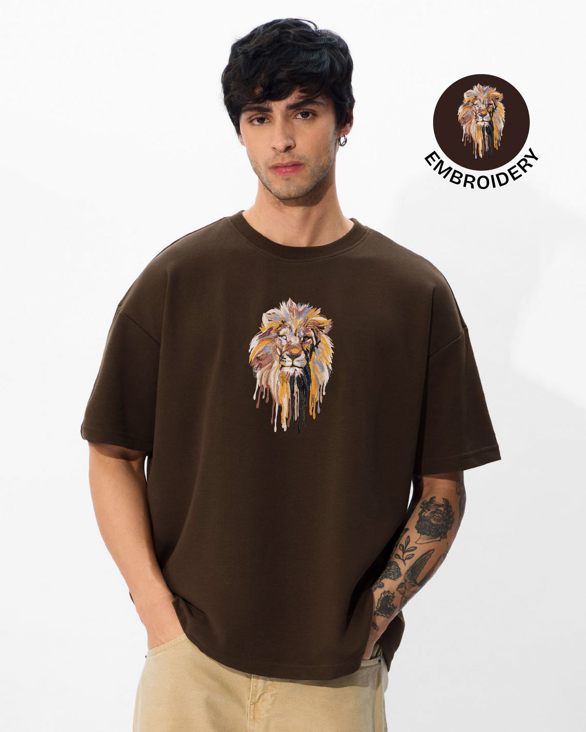 Lion Face Embroidery Brown Oversized T-Shirt