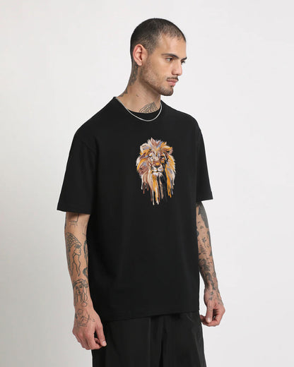Lion Face Embroidery Black Oversized T-Shirt