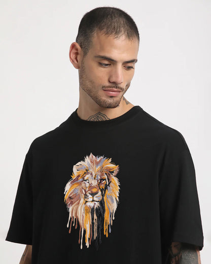 Lion Face Embroidery Black Oversized T-Shirt