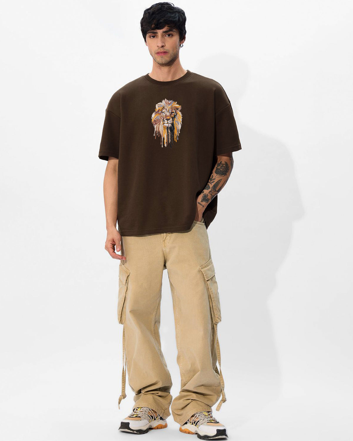 Lion Face Embroidery Brown Oversized T-Shirt