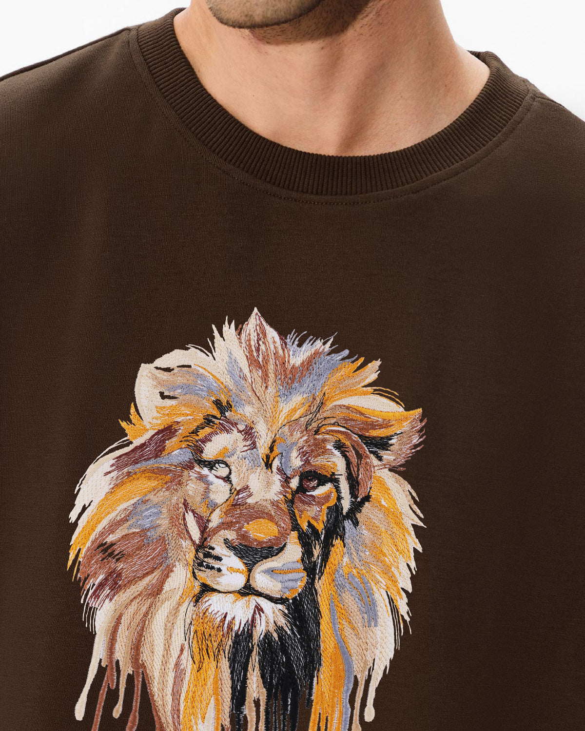 Lion Face Embroidery Brown Oversized T-Shirt