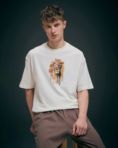 Lion Face Embroidery Off-White Oversized T-Shirt