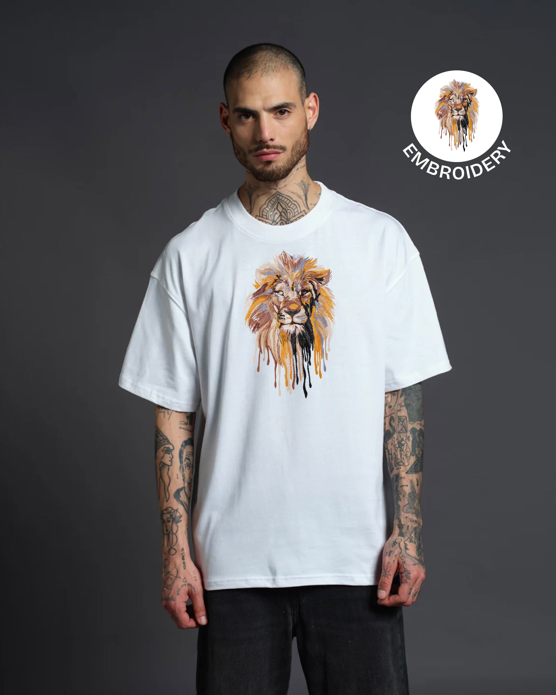 Lion Face Embroidery White Oversized T-Shirt