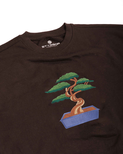 Miyagi Bonsai Tree Embroidery Brown Oversized T-Shirt