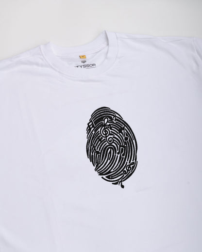 White t-shirt with black fingerprint design and 'Fyssor' branding on a white background