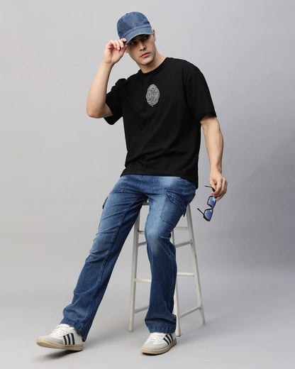 Musical Finger Embroidery Black Oversized T-Shirt