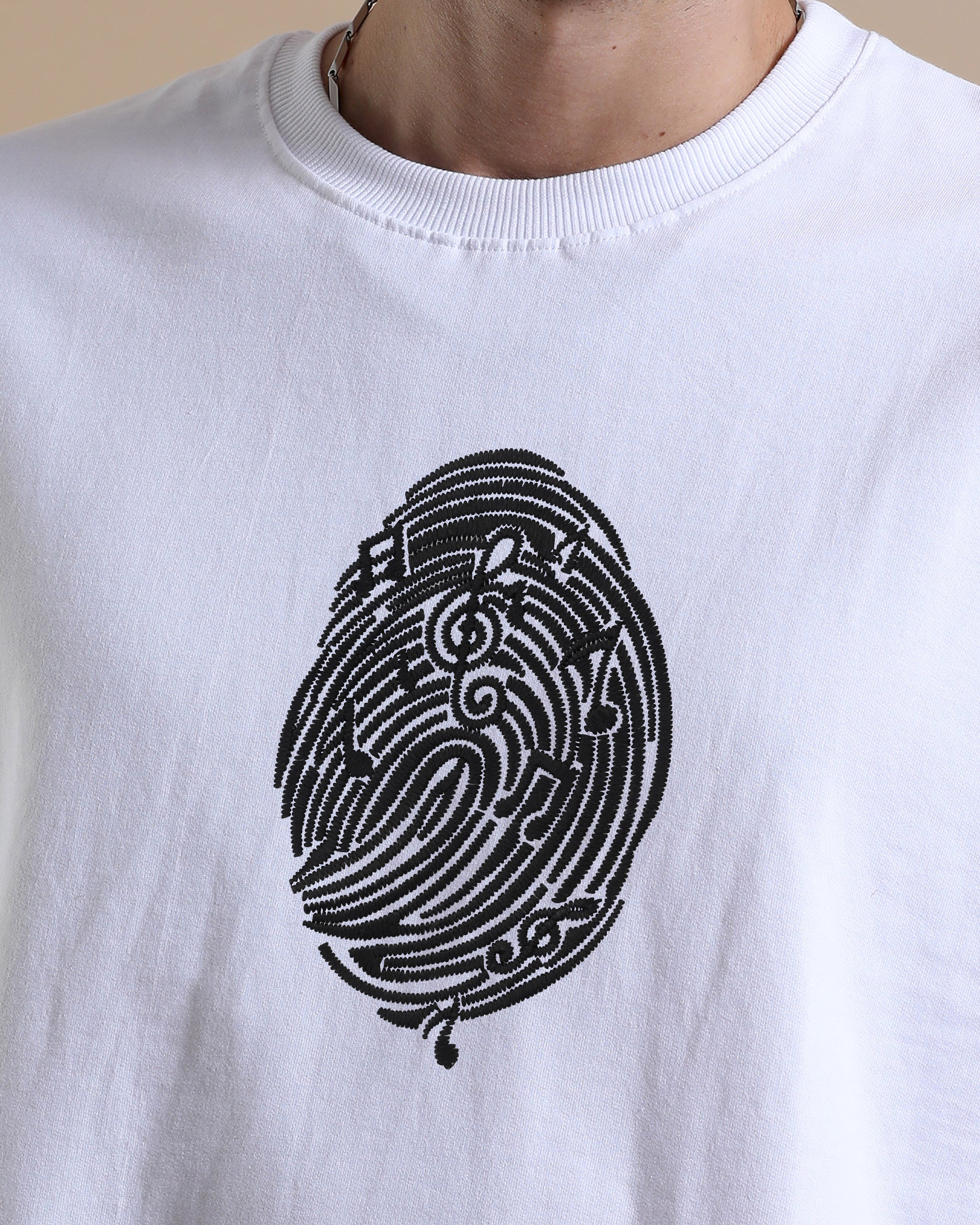 White sweatshirt with a black abstract design on a beige background