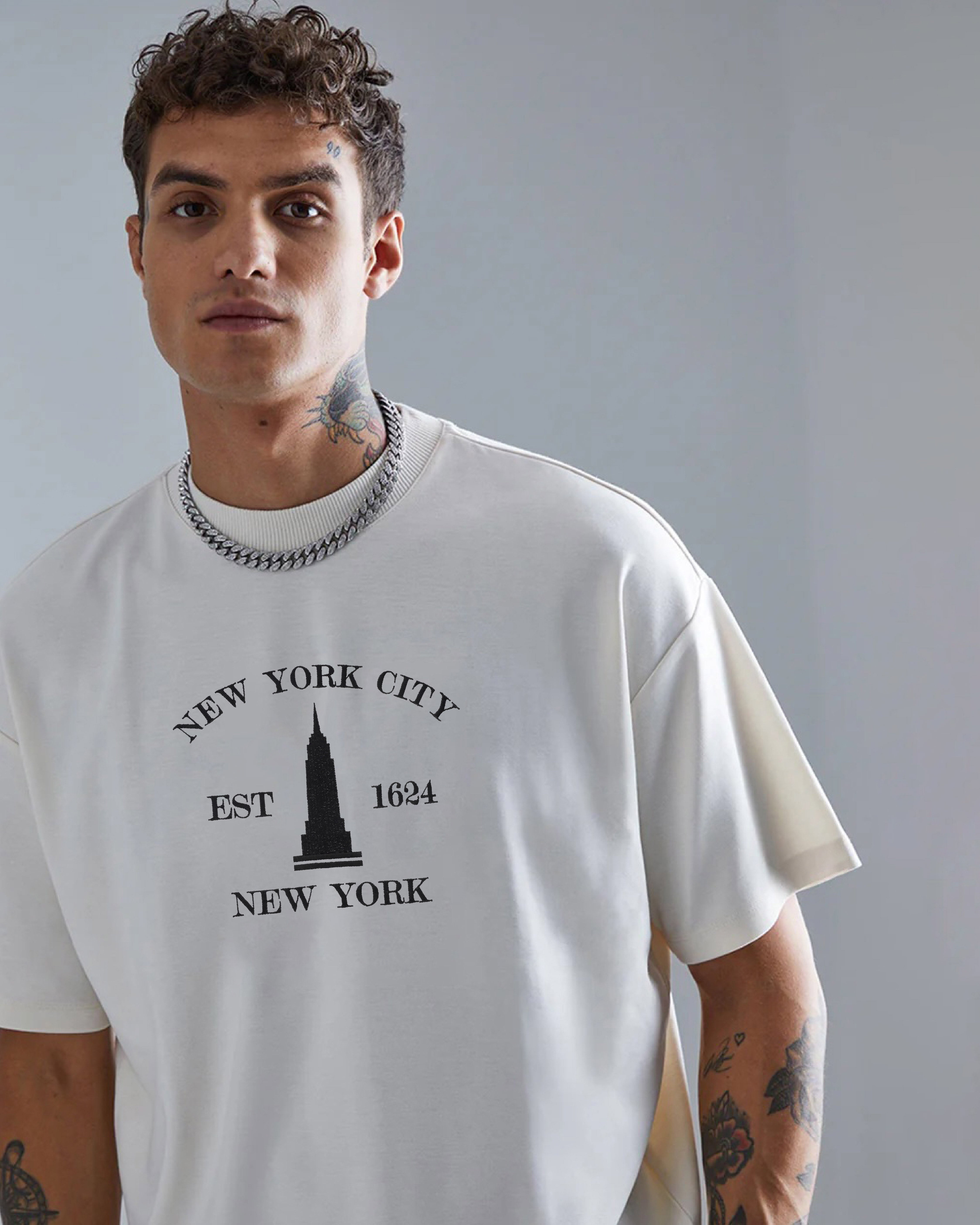 NewYork City Embroidery White Oversized T-Shirt