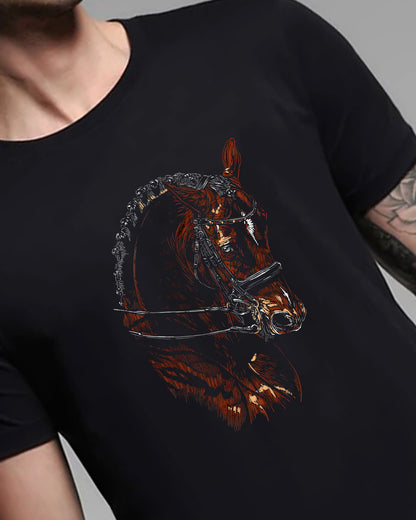 Black t-shirt with a horse head design on a gray background
