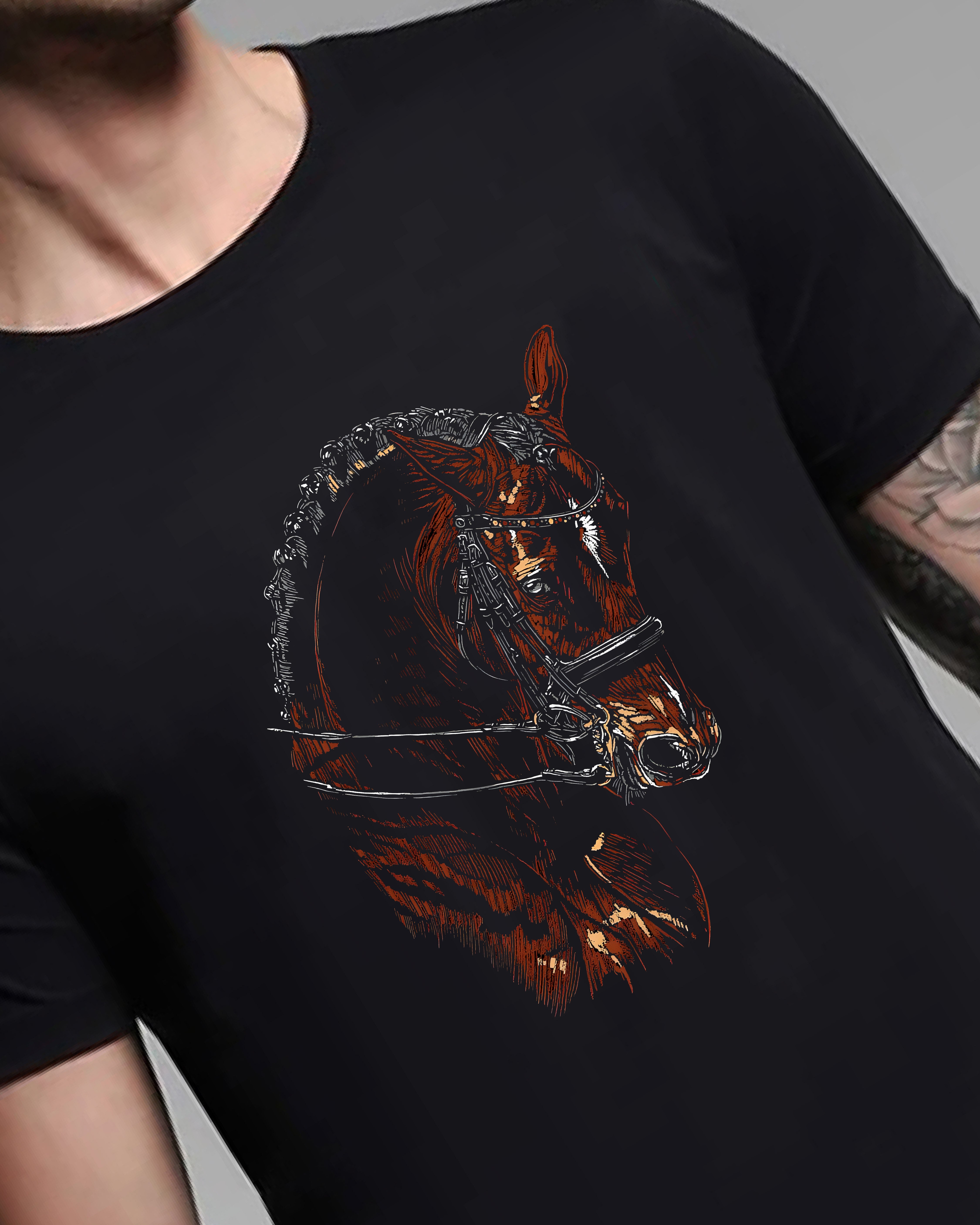 Black t-shirt with a horse head design on a gray background
