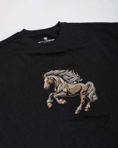 Black t-shirt with a horse embroidery design on a white background