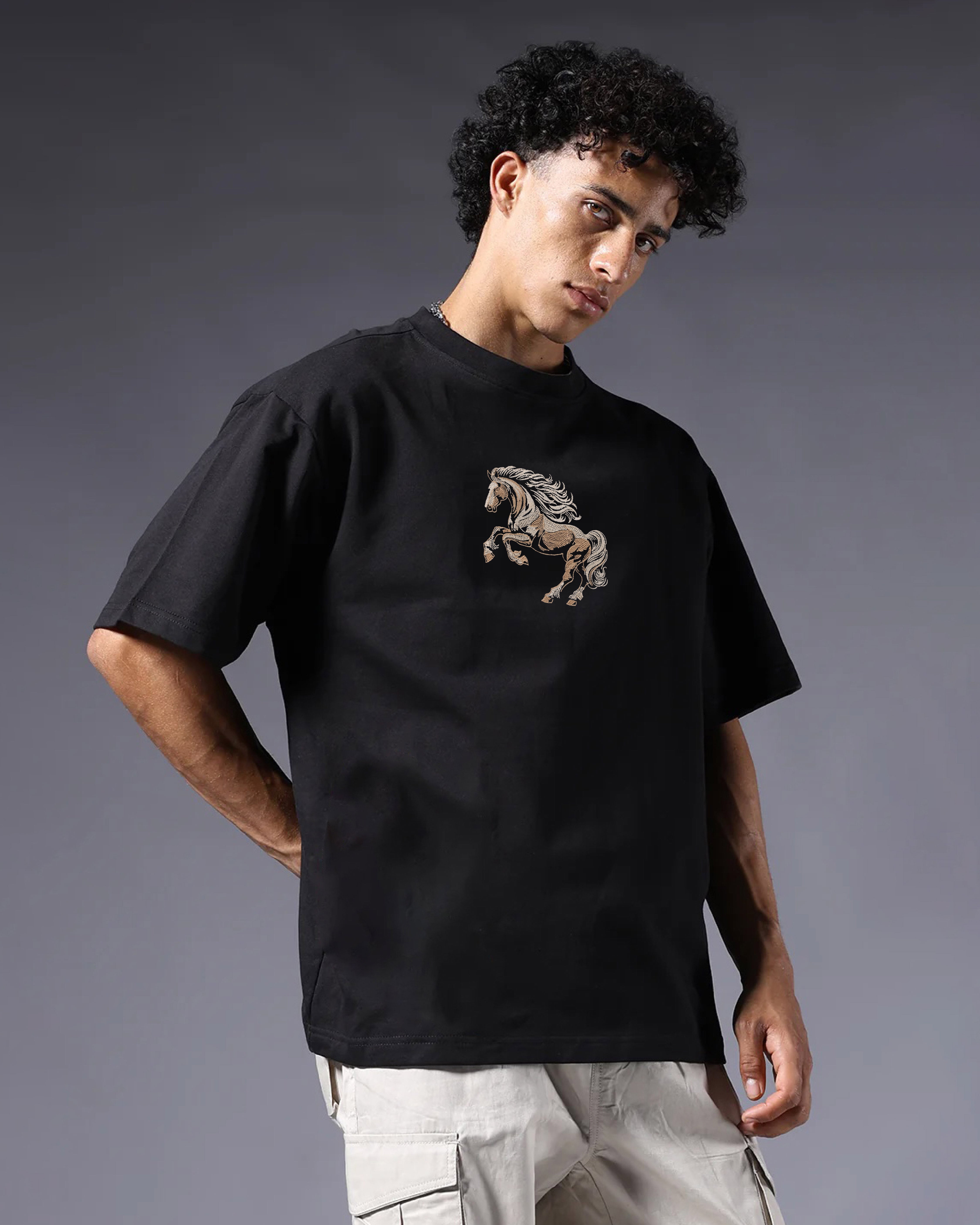 Noble Horse Embroidery Black Oversized T-Shirt