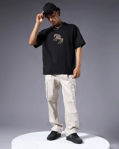 Noble Horse Embroidery Black Oversized T-Shirt Order Now!