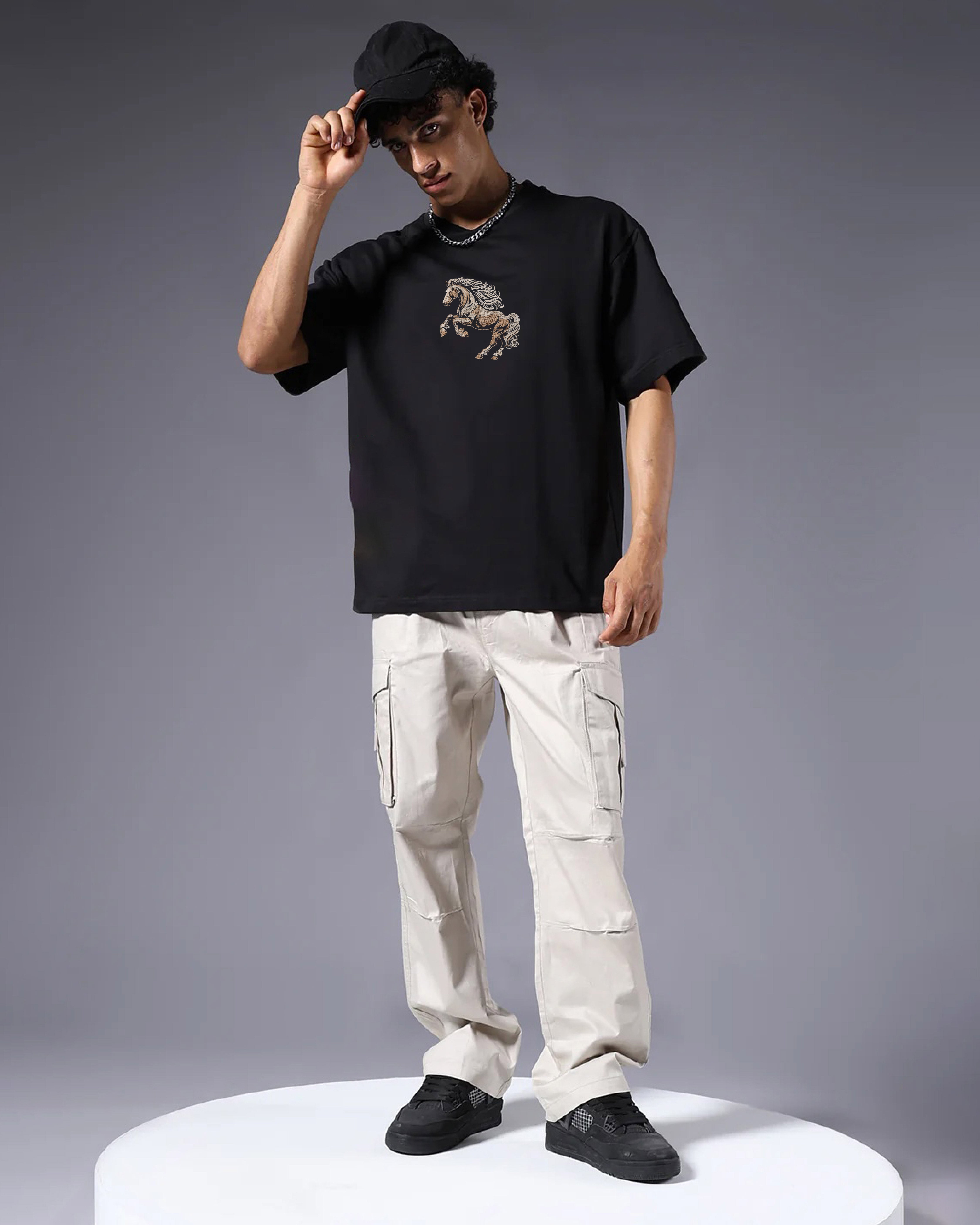 Noble Horse Embroidery Black Oversized T-Shirt Order Now!