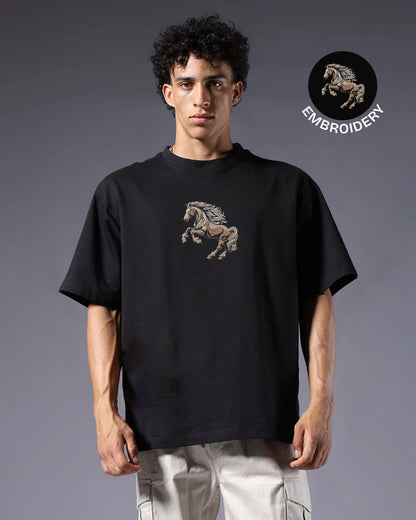 Noble Horse Embroidery Black Oversized T-Shirt web
