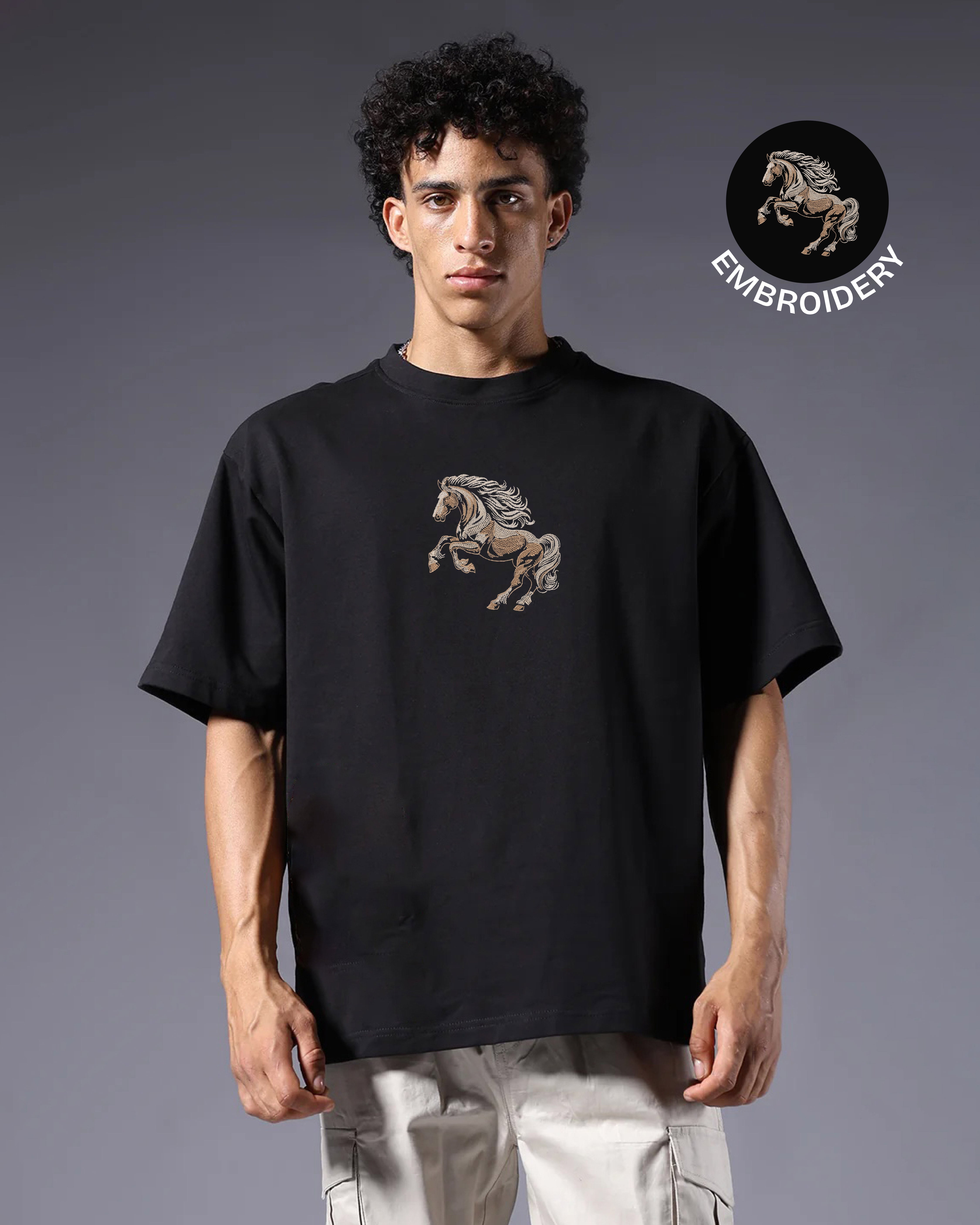 Noble Horse Embroidery Black Oversized T-Shirt web