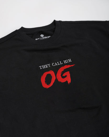 Black t-shirt with red and white text on a white background