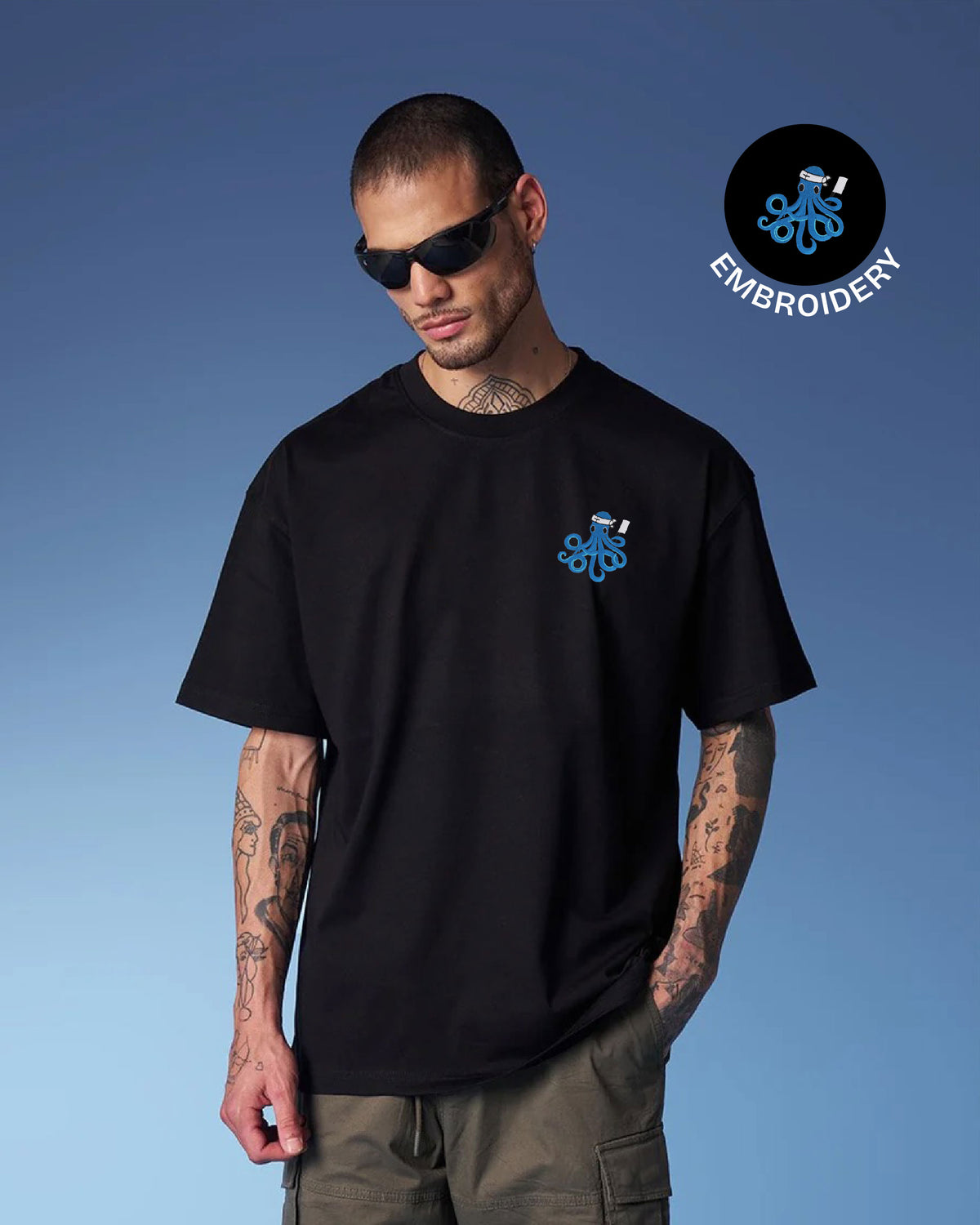 Octopus Wildlife Embroidery Oversized T-Shirt