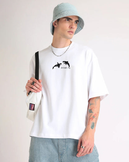 Orca Killer Whale Embroidery White Oversized T-Shirt