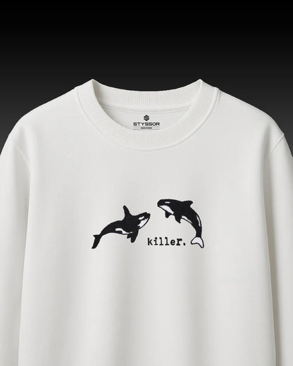 Orca Killer Whale Embroidery White Oversized T-Shirt