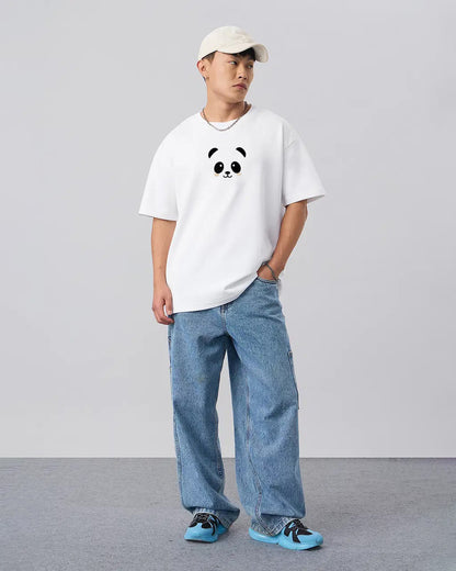 Panda Face Embroidery White Oversized T-Shirt
