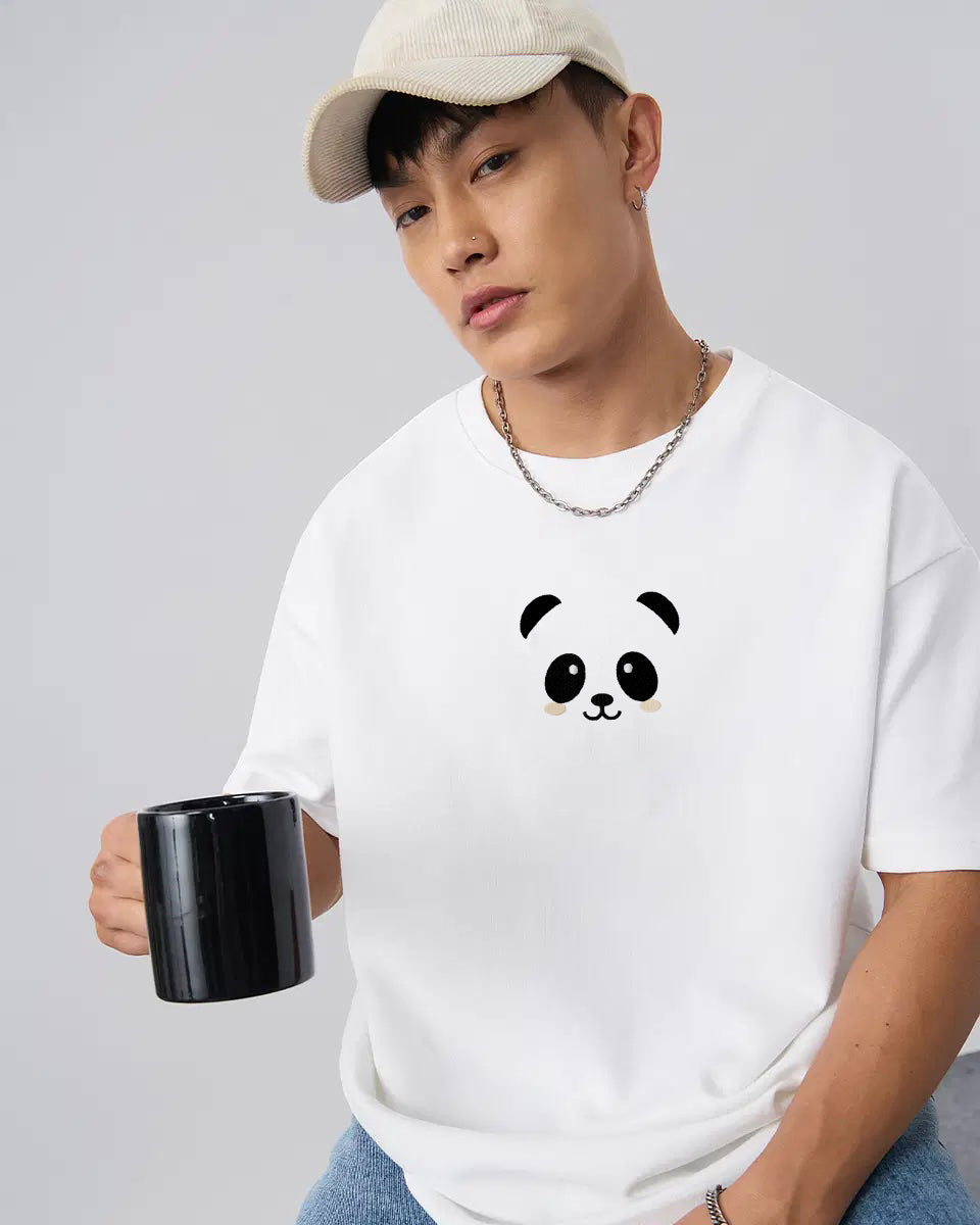 Panda Face Embroidery White Oversized T-Shirt
