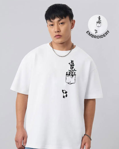 Panda Pocket Embroidery White Oversized T-Shirt