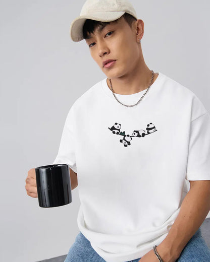 Panda Tree Embroidery White Oversized T-Shirt