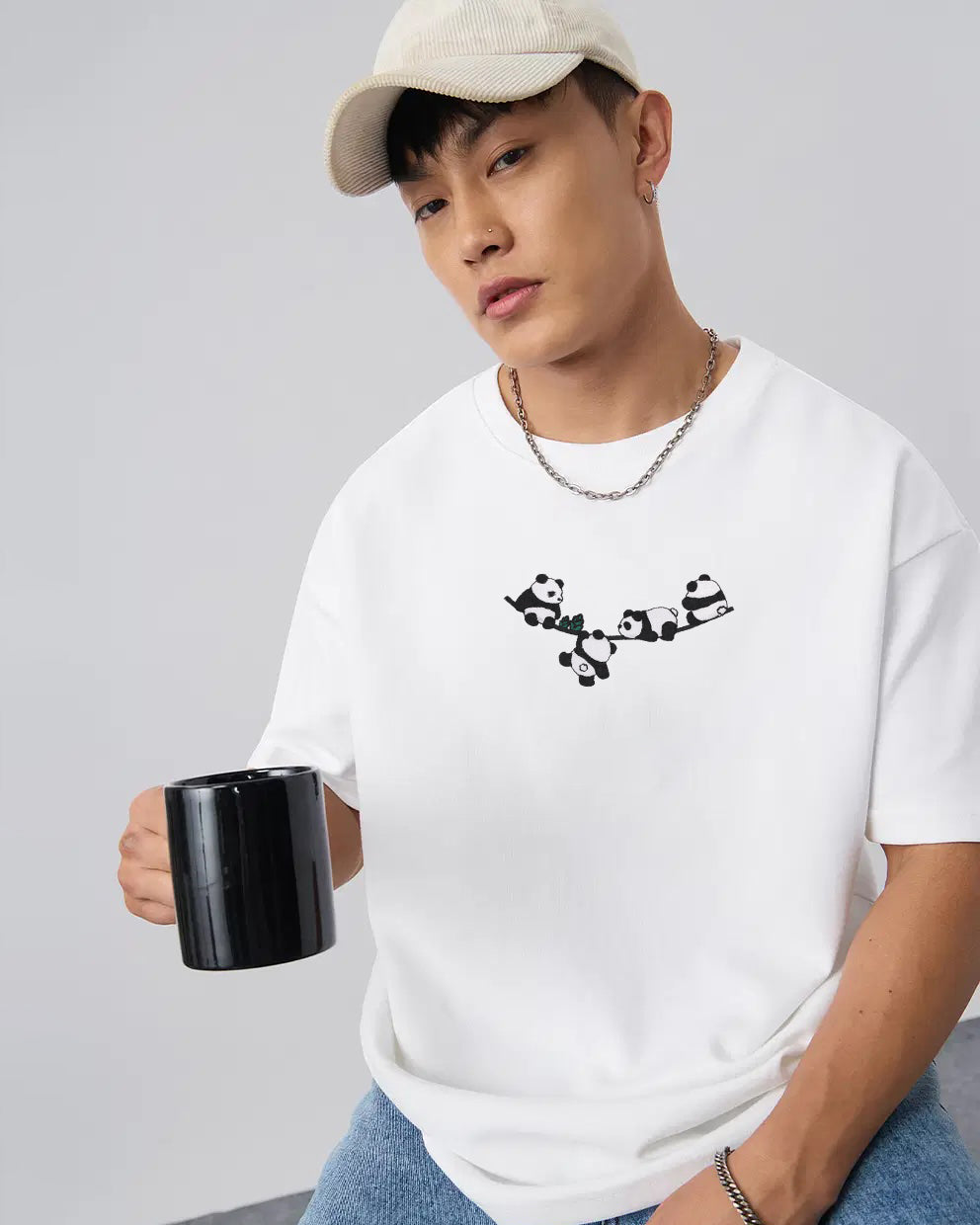 Panda Tree Embroidery White Oversized T-Shirt