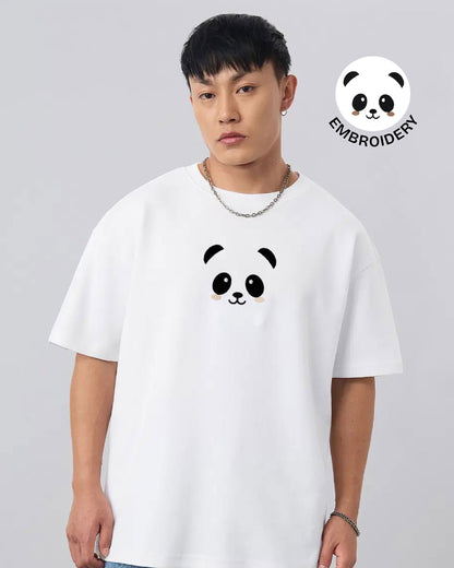 Panda Face Embroidery White Oversized T-Shirt