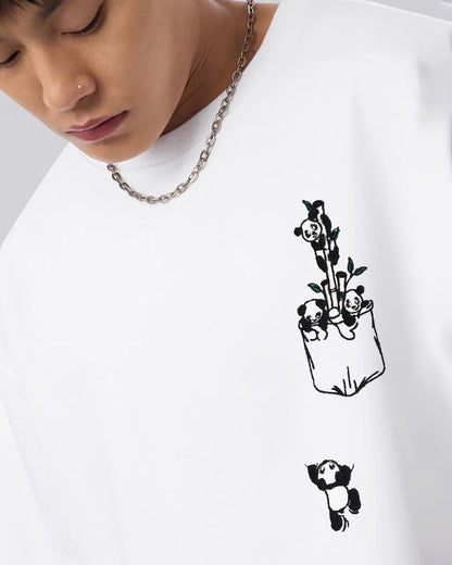 Panda Pocket Embroidery White Oversized T-Shirt