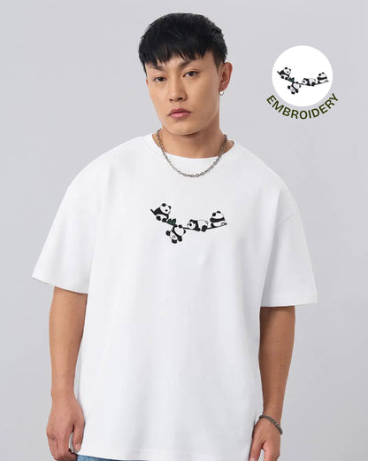 Panda Tree Embroidery White Oversized T-Shirt